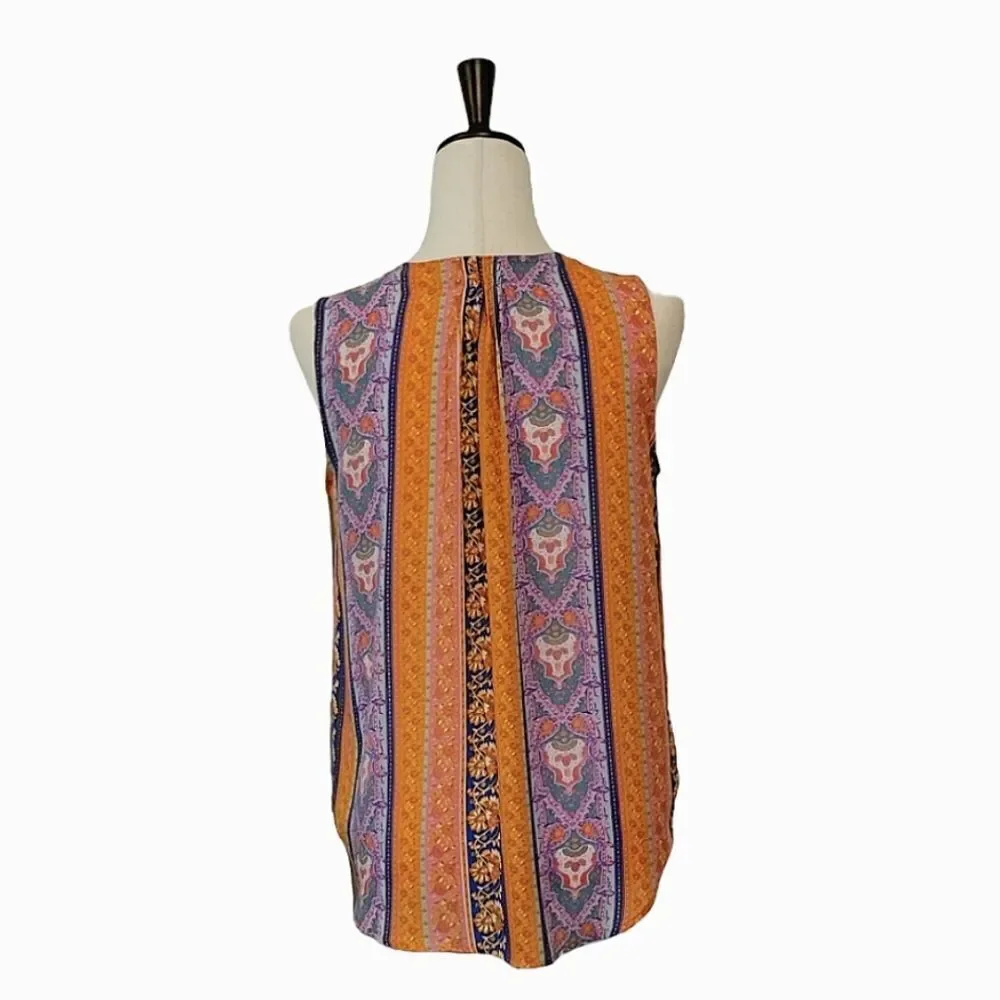 Cynthia Rowley Orange Patterned Tie Pleated Sleeveless Chiffon Blouse Size S - Picture 5 of 9